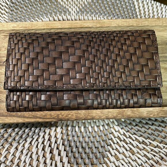 Patricia Nash Brown Basketweave Italian Leather Trifold Wallet - Picture 1 of 7